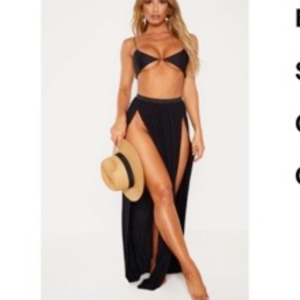 PrettyLittleThing Black Jersey Double Split Beach Skirt NWT size 2